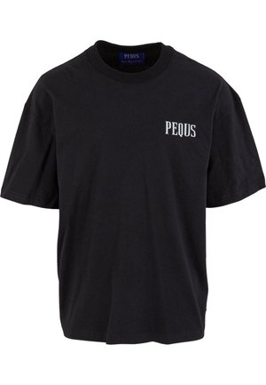 Black cotton t-shirt with short sleeves, round neckline, features white "PEQUS" logo on the left chest area, relaxed fit, minimal design.