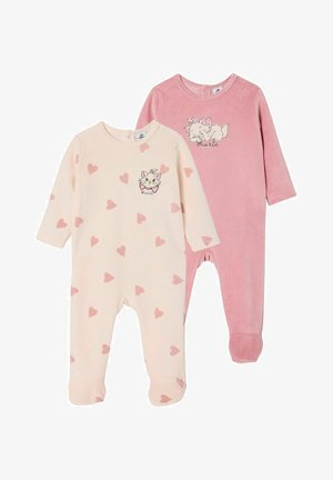 Two baby rompers: one pale pink with heart pattern and a cat graphic, the other solid pink. Soft fabric, long sleeves, rounded necklines.
