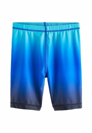 Bañadores de gradiente azul hechos de una tela suave y elástica; cuentan con una cinturilla ajustable con cordón y costuras planas para mayor comodidad y durabilidad.