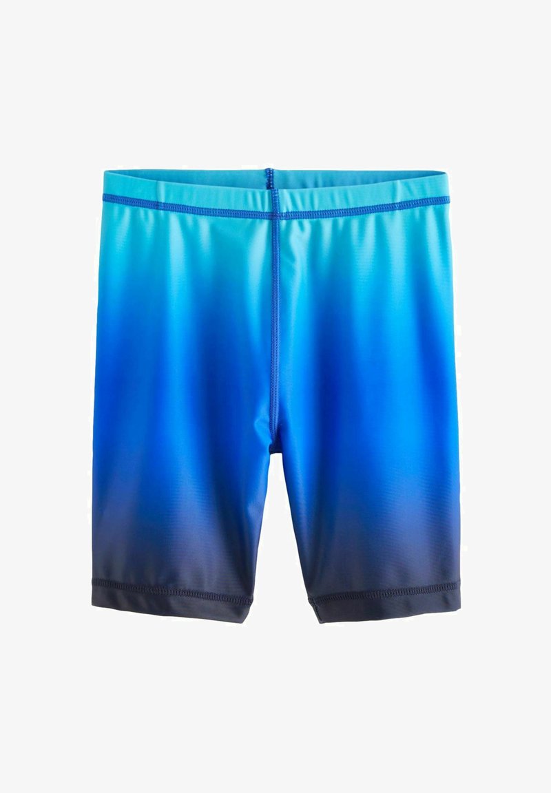 Short de bain bleu dégradé avec détails de couture et ceinture élastique, s'estompant du bleu clair en haut au bleu foncé en bas.