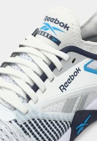 Pantofi de teren Reebok cu captuseala din plasă, scheme de culori alb și bleumarin, accente gri și șireturi albe. Prezintă branding pe lateral și pe limba pantofului.
