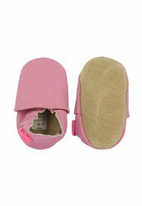 Rosa Leder-Babyschuhe mit einer weichen Wildledersohle, verfügen über einen gesteppten Rand und ein Klappdesign an der Vorderseite, gekennzeichnet für 16-17 Monate.