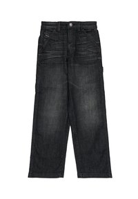 Jeans in denim scuro con un design a gamba dritta, cinque tasche e dettagli di cucitura rossa. Presentano una chiusura classica con bottone in metallo e zip.