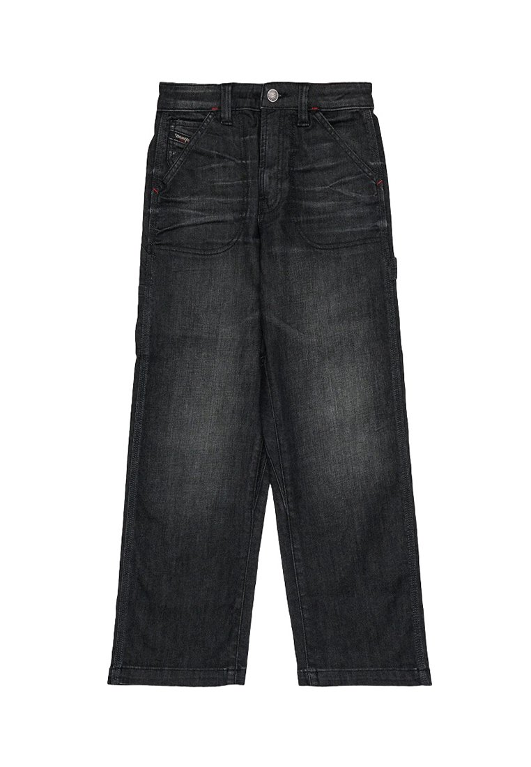 Jeans in denim scuro con un design a gamba dritta, cinque tasche e dettagli di cucitura rossa. Presentano una chiusura classica con bottone in metallo e zip.