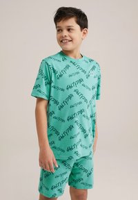 Turkizna majica in kratke hlače s črnimi vzorci "SALTY DOG", narejene iz mehke tkanine; kratki rokavi in sproščen kroj.