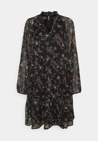 Zwarte bloemenjurk met lange doorschijnende mouwen, hoge halslijn en gerimpelde rand, met een gelaagde rok en meerkleurige bloemenpatronen.