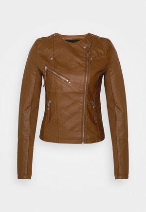 Braune Lederjacke mit asymmetrischem Frontreißverschluss, verschließbaren Brust- und Seitentaschen sowie langen Ärmeln.