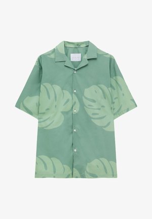 Short-sleeve green button-up shirt with large light green tropical leaf prints and a camp collar.