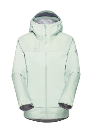 Light mint green waterproof jacket with a hood, featuring a front zipper, elastic cuffs, and a grey inner lining.