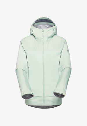 Ljus mintgrön vattentät jacka med huva, med en framficka, elastiska ärmslut och ett grått innerfoder.