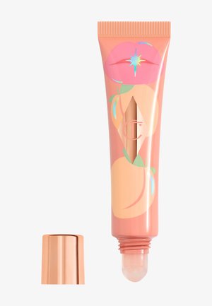 Pfirsichfarbene Tube mit Roll-on-Applikator, verziert mit Fruchtillustrationen und einem metallischen Deckel. Glatte Textur und glänzende Oberfläche.