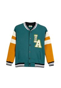 Giacca varsity verde acqua con maniche a strisce gialle e bianche, polsini e colletto a coste neri, con un ricamo "LA" sul petto.