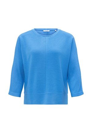 Blauwe geribde trui met een ronde halslijn, driekwartmouwen en een rechte snit. Heeft een subtiele textuur en tonale naden.