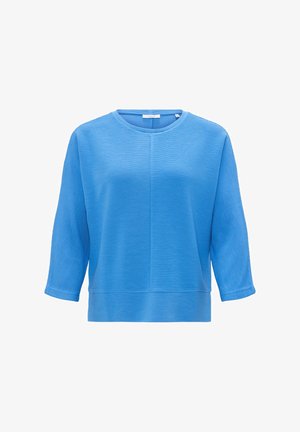 Blauwe geribde trui met een ronde halslijn, driekwartmouwen en een rechte snit. Heeft een subtiele textuur en tonale naden.