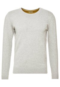 Light gray sweater made from soft knit fabric, features a round neck, long sleeves, and ribbed cuffs and hem. Interior color is mustard.
