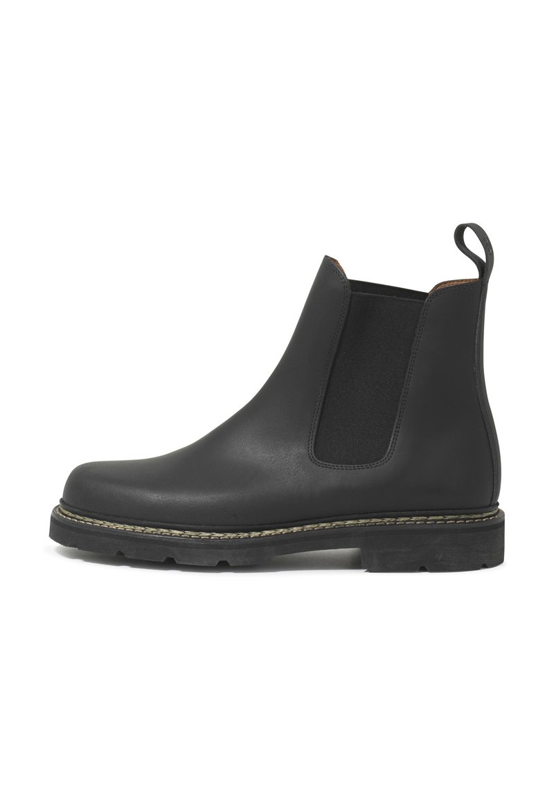 Bottes Chelsea en cuir noir avec des panneaux latéraux élastiques, bout arrondi, languette de tirage et semelle en caoutchouc texturée avec un détail de couture contrasté.