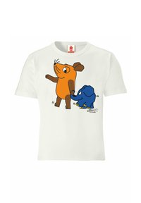 Weißes T-Shirt mit einem Cartoon-Maus in Orange mit braunen Akzenten und einem blauen Elefanten, die Händchen haltend dargestellt sind, mit schwarzen Umrissen.