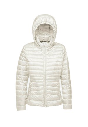 Gevoerde capuchonjack in lichtbeige met een glanzende afwerking, voorzien van een doorgestikte textuur, volledige ritssluiting en elastische manchetten voor een comfortabele pasvorm.