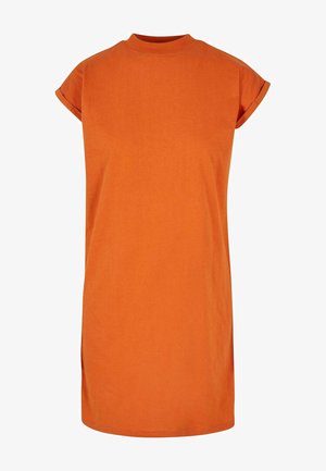 Short orange T-shirt dress with a crew neck, rolled short sleeves, and a relaxed fit. Made of soft cotton material. Minimalist design.