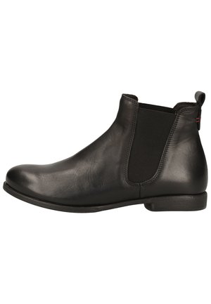 Schwarze Leder-Ankle Boots mit elastischen Seitenpanelen, runder Zehenform, niedrigem Absatz und glatter Oberfläche. Verfügt über eine Zuglasche an der Rückseite.