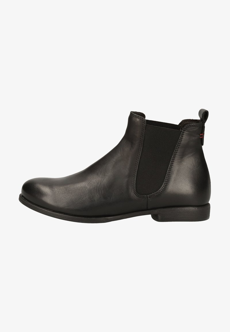 Schwarze Leder-Ankle Boots mit elastischen Seitenpanelen, runder Zehenform, niedrigem Absatz und glatter Oberfläche. Verfügt über eine Zuglasche an der Rückseite.