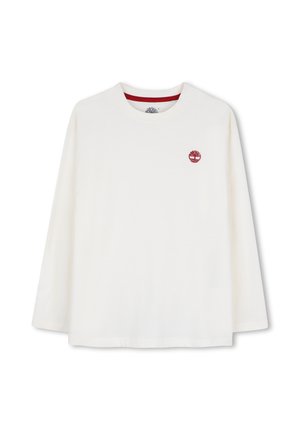 Witte shirt met lange mouwen, ronde hals en klein rood boomlogo op het linkerborstgedeelte tegen een witte achtergrond.