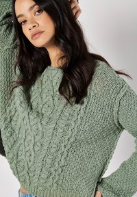 Flauschiger Strickpullover in gedämpftem Grün; mit einem Zopfmuster, Rundhalsausschnitt und langen Ärmeln mit gerippten Bündchen und Saum. Textile Detailstruktur sichtbar.