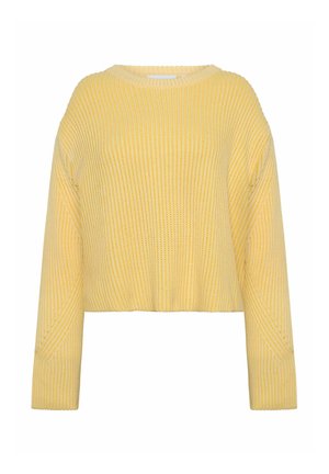 Maglione cropped giallo con texture a costine, maniche ampie e colletto rotondo. Presenta righe verticali in una tonalità più chiara.