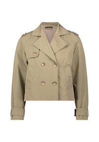 Beige dubbelzijdige trenchcoat van katoenmix, met schouderepauletten, oversized knopen en manchetbanden. Verkorte ontwerp.
