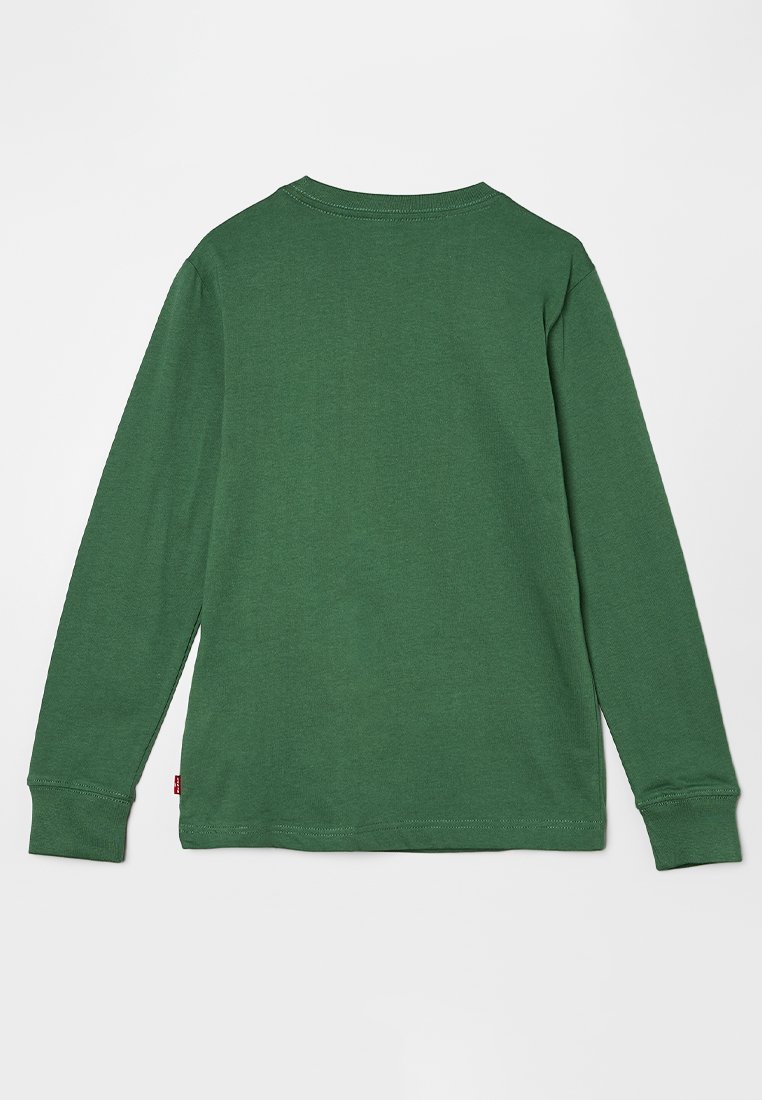 Maglietta a maniche lunghe verde in cotone con colletto rotondo, dotata di polsini a coste e orlo dritto, senza loghi o motivi visibili.