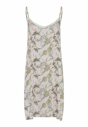 Lichtroze slipdress met dunne bandjes, voorzien van een bloemmotief met groene bladeren en oranje accenten, afgewerkt met een kanten rand bij de halslijn.