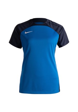 Blue athletic shirt featuring a black panel on the shoulders, short sleeves, round neck, and a white Nike logo on the chest.
