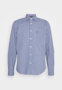 Blauw-witte geruite overhemd met lange mouwen, voorzien van een button-down kraag, een borstzak en een merklabel bij de hals.