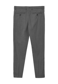 Pantaloni grisini su misura con tessuto testurizzato, taglio dritto, passanti per cintura e due tasche posteriori con chiusura a bottone.