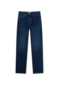 Jean droit taille haute bleu foncé avec poches avant, passants pour ceinture, et une fermeture par bouton et fermeture éclair.