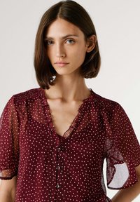 Jeune femme aux cheveux bruns raides portant un chemisier transparent bordeaux à pois blancs avec un col à volants, faisant face à l'avant.