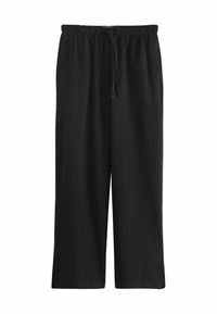 Pantalon noir coupe ample avec tissu texturé, taille élastique et cordon de serrage pour un ajustement ajustable.