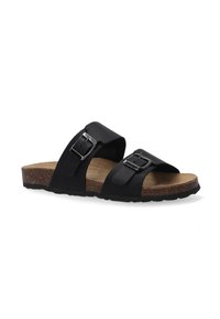 Nederlandske sorte sandaler med to justerbare stropper med sølvspænder, en korksål og en struktureret gummisål.