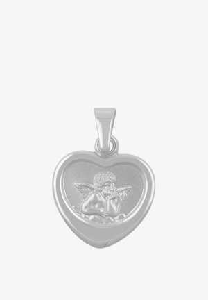 Herzförmiger Silberanhänger mit Relief eines Cherub-Engels, der seinen Kopf auf die Hand stützt, Flügel im Hintergrund sichtbar.