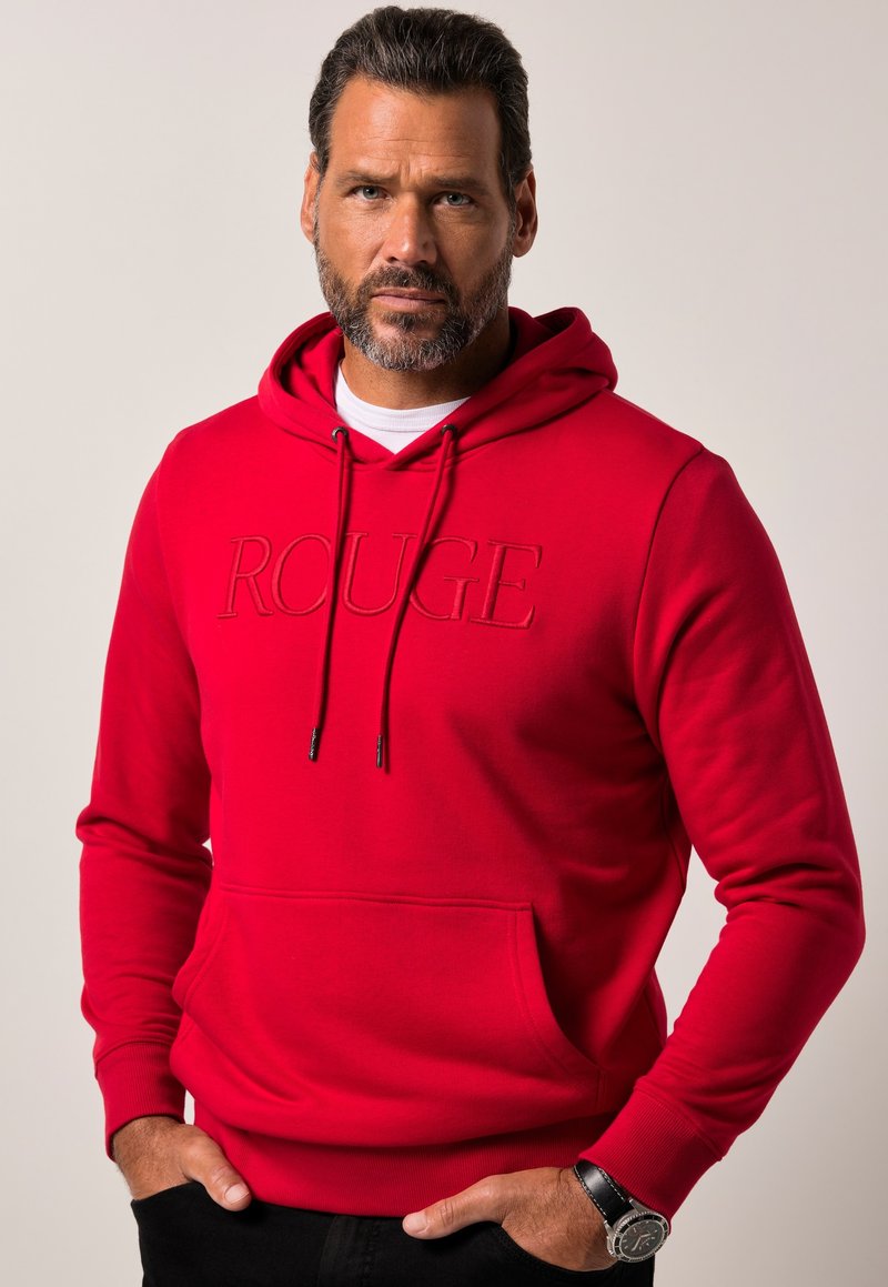 Sudadera roja de tejido suave con un bolsillo tipo canguro en el frente, logotipo bordado 'ROUGE', cordones ajustables y puños acanalados.