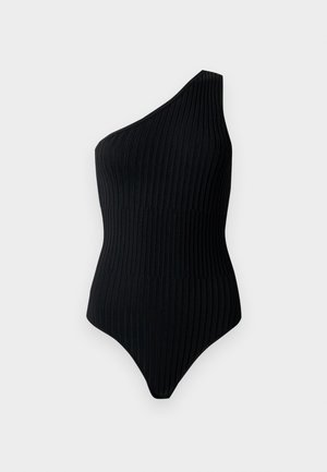 Black, one-shoulder bodysuit with ribbed texture. Features a fitted shape and a seamless design, emphasizing a minimalist look.