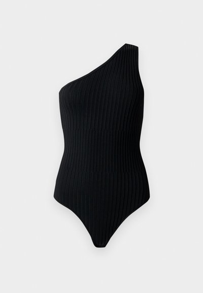 Svart, en-skulder bodysuit med ribbet tekstur. Har en tettsittende fasong og en sømløs design, som fremhever et minimalistisk utseende.