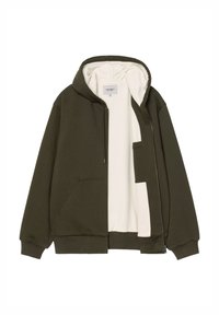 Felpa con zip verde oliva e interno bianco, dotata di tasca frontale e polsini a coste. Realizzata in tessuto morbido e strutturato.