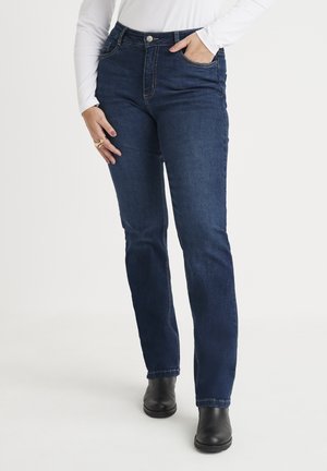 Donkerblauwe denim jeans met een rechte pasvorm, vijf zakken, een rits en knoopsluiting aan de voorkant, en contrasterende stikseldetails.