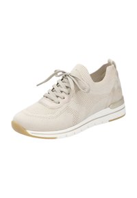 Hellbeige Sportschuh mit gestricktem Obermaterial, Schnürdesign, strukturierter Oberfläche und weißer Mittelsohle. Flexible Gummisohle mit neutralen Akzenten.