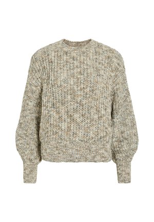 Strikket genser i beige og kremtoner, med rund hals, lange puffermærmer og teksturert overflate. Grovt garn-design.