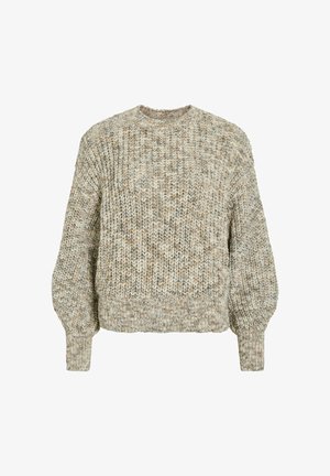 Beebitooni ja kreemikas värvitoonis kootud kampsun, millel on ümmargune kaelus, pikad paugvarrukad ja tekstuuriga pind. Paksust lõngast disain.