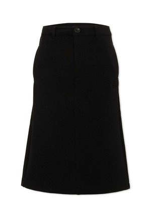 Jupe noire longueur genou avec fermeture bouton et zip, passants de ceinture et légère évasement à l'ourlet.