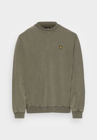 Olivkowy długi rękaw bluza z ribbowanym kołnierzem i mankietami, z małym logo ptaka w żółto-czarnych kolorach na lewej piersi.