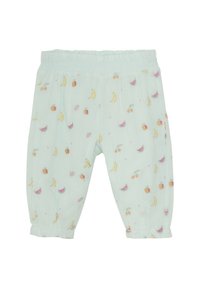 Helle blaue Kinderhose mit Obstmustern, elastischem Bund, gerafften Bündchen und verspielter Stickerei von Bananen, Kirschen und Wassermelonen.